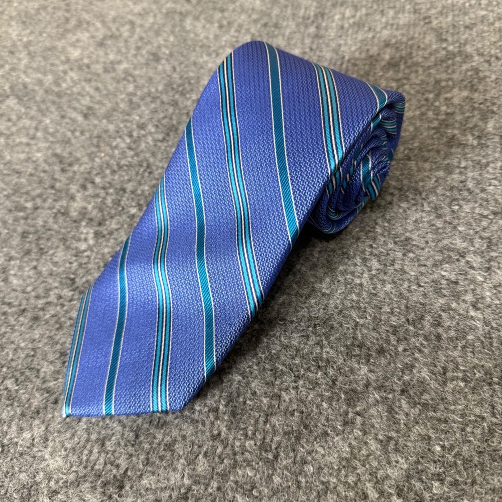 Cremieux Mens Blue Teal Striped 100% Silk Tie Made in Italy Necktie Dress Formal